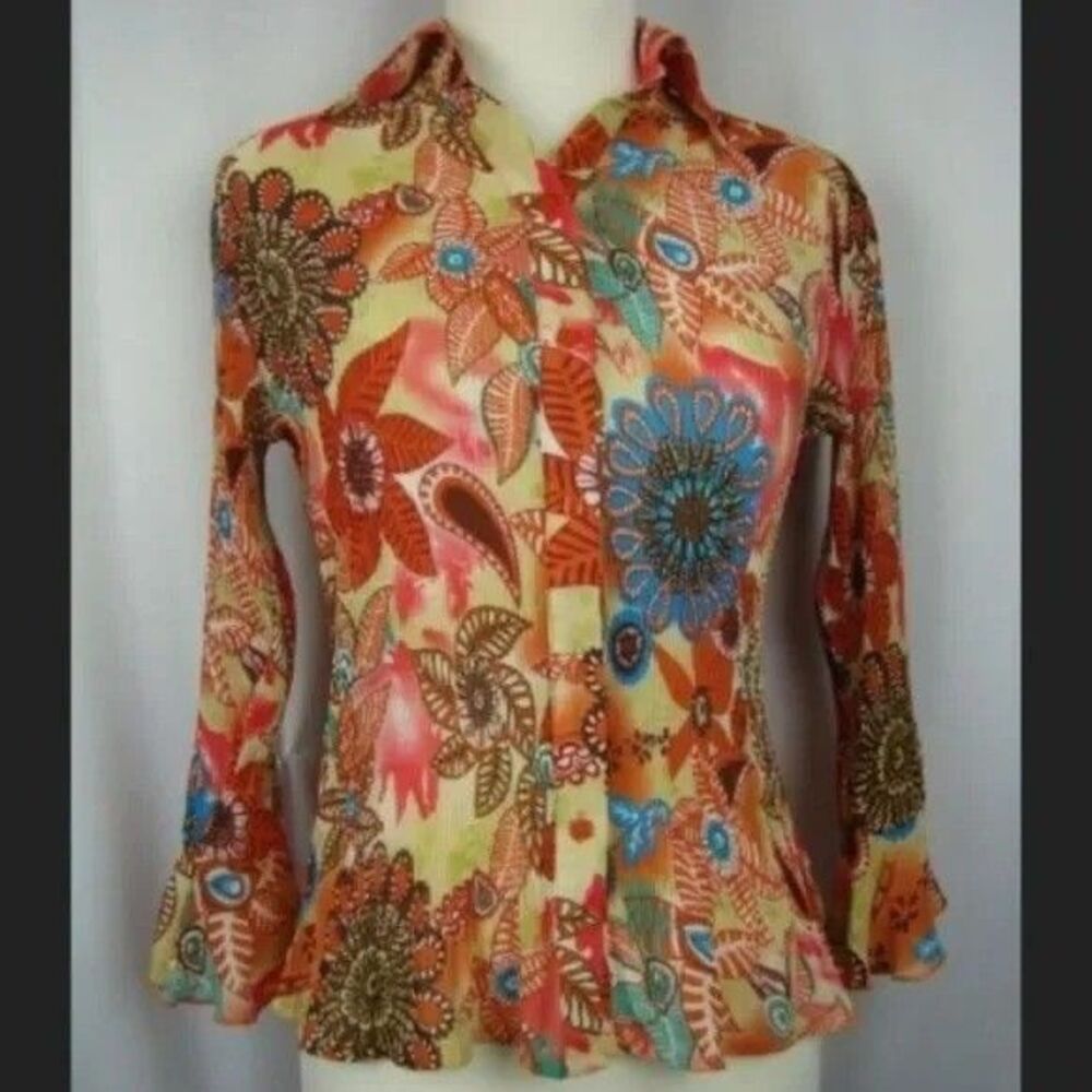 Essentials By Milano Women's Small Floral Button Up Blouse Top Ruffle Bell